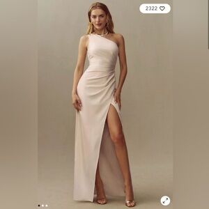 BHLDN Dylan Satin Charmeuse Maxi Slit One Shoulder Dress Champagne 10‎